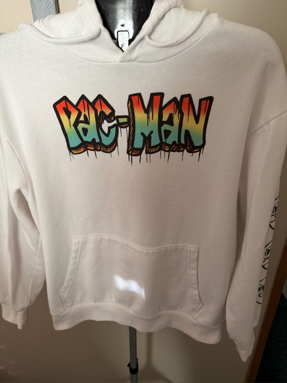 Bandai Namco Pac-Man Graffiti Hoodie White Unisex Size L Retro 80s Streetwear